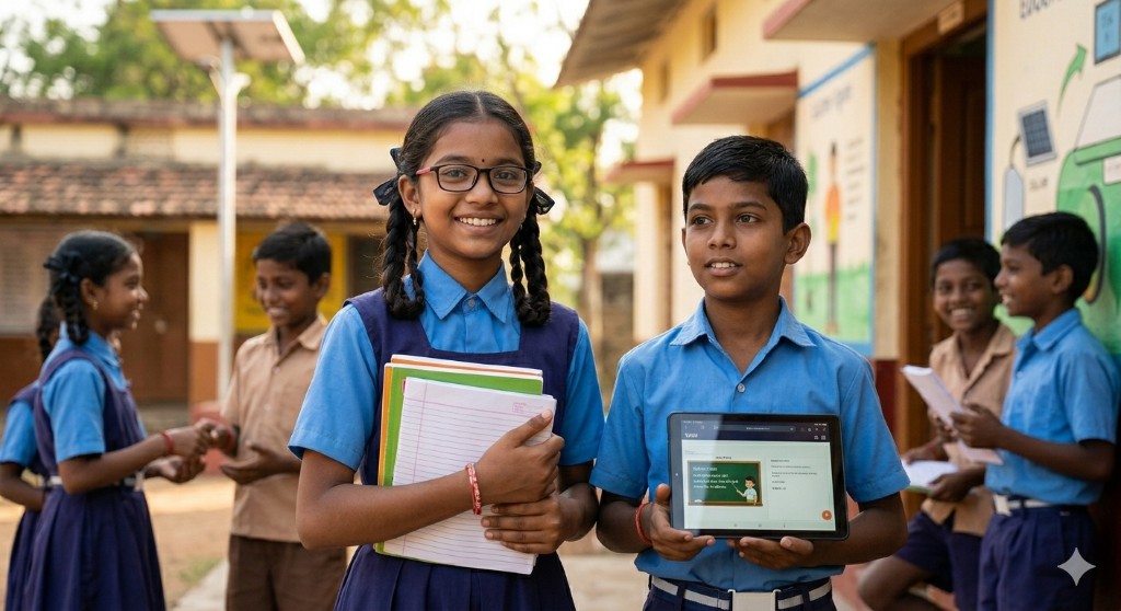 Students with learning materials and a tablet at a school in India