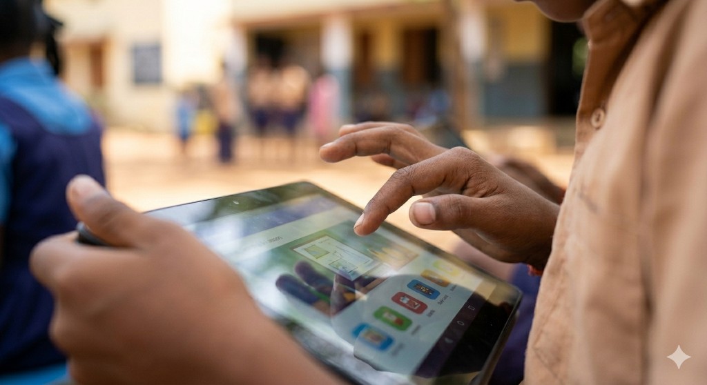 Student using an educational learning app on a tablet